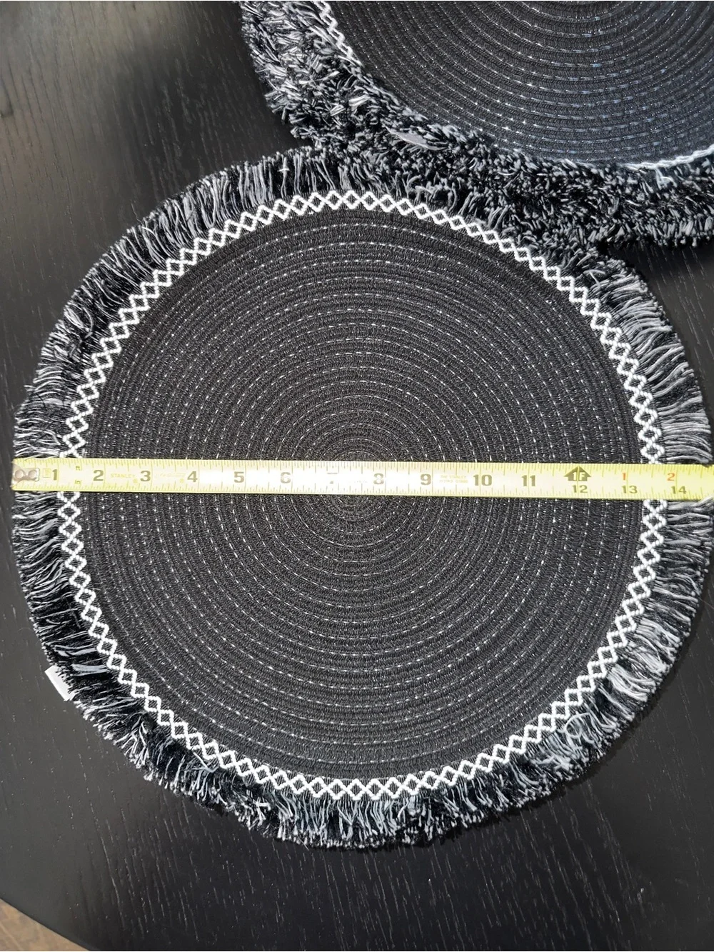 Round Black Woven Placemat with White Fringe Detail Set of 8